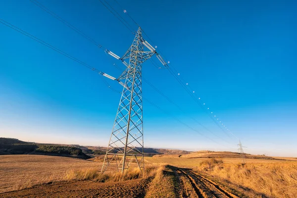 Electricity Pylon Blue Sunset Sky — Stock Photo, Image