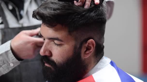 Schöner bärtiger Mann, der sich beim Friseur die Haare schneiden lässt. — Stockvideo
