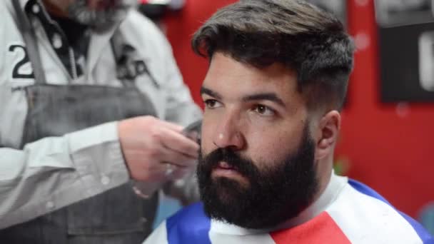 Bonito homem barbudo recebendo corte de cabelo por cabeleireiro na barbearia . — Vídeo de Stock