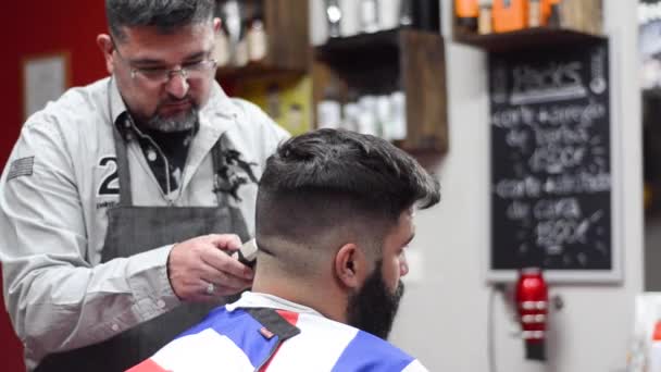 Schöner bärtiger Mann, der sich beim Friseur die Haare schneiden lässt. — Stockvideo