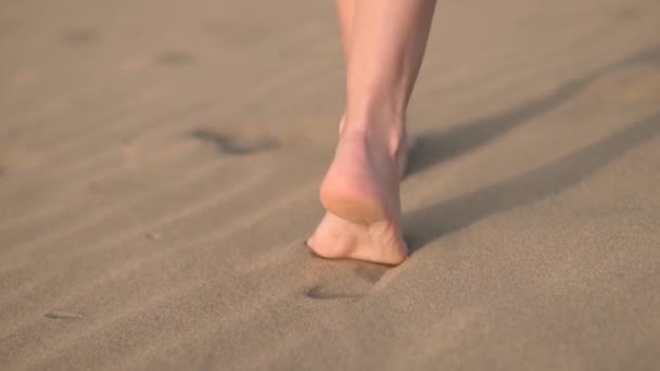 Close up, Slow motion. Woman feets walking on golden sand at the beach. — Stock Video