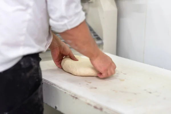 Baker kneading fresh raw bread dough at the bakery.