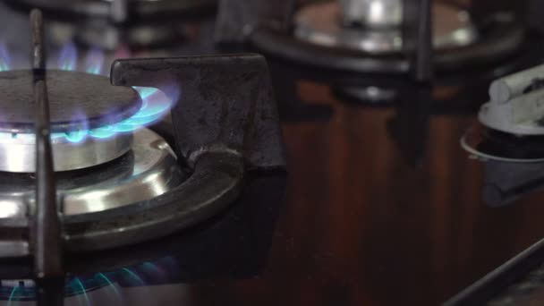 Pessoa mão ligar queimador de fogão de cozinha. Chamas de gás azul, gás em chamas  . — Vídeo de Stock