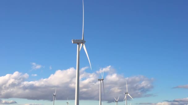 Wind energy turbines on blue sky background, sustainable ecological energy production. — ストック動画