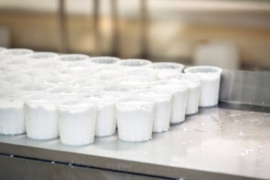 Plastik ambalajda taze yapılmış birçok süzme peynirin yakından görünümü