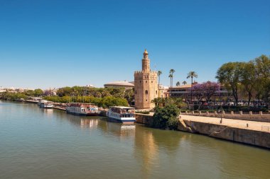 Guadalquivir nehri boyunca Altın kule Torre del Oro, Sevilla Endülüs , İspanya.