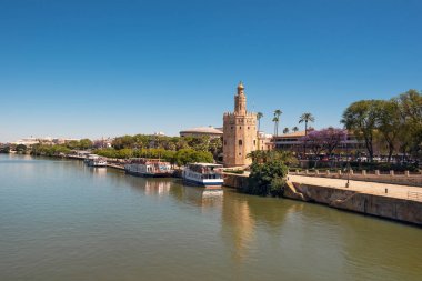 Guadalquivir nehri boyunca Altın kule Torre del Oro, Sevilla Endülüs , İspanya.