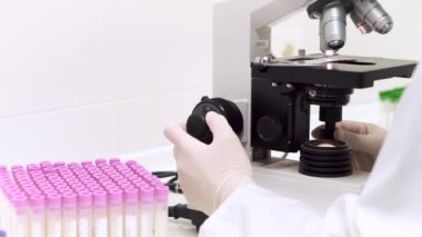 Mikroskop odak tekerleği kapatın. Doktorlar bir slayt örneğine odaklanmak için mikroskop kullanıyorlar. Bilim ve biyoloji araştırma ekipmanları. 