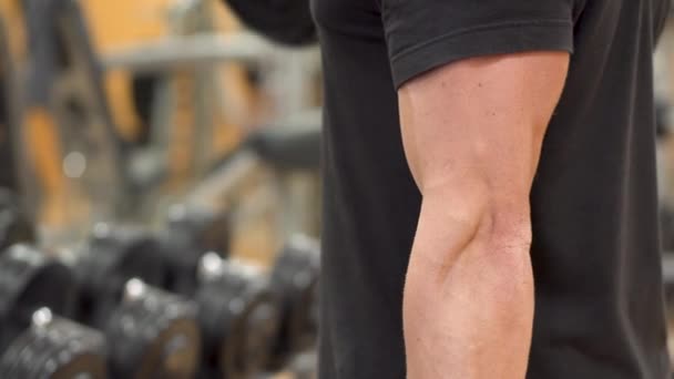 Man doet Lift-ups, het houden van zware dumbbells in handen, training voor biceps spieren. — Stockvideo