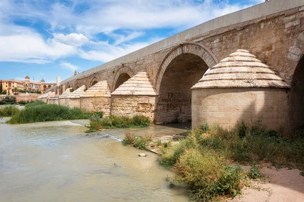 De Romeinse brug met de kathedraal-moskee van cordoba op de achtergrond. Andalusië, Spanje — Stockfoto