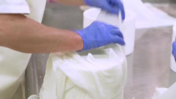Работник молочной фабрики, процесс производства сыра, добавление сырного творога в пластиковые формы . — стоковое видео
