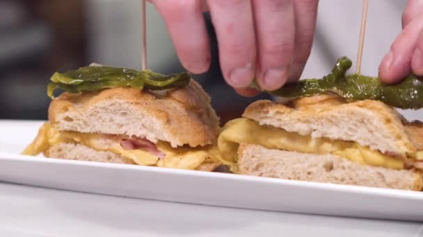 Chef preparando deliciosa comida típica española, Omelette tapa o Pintxo de tortilla . — Vídeo de stock