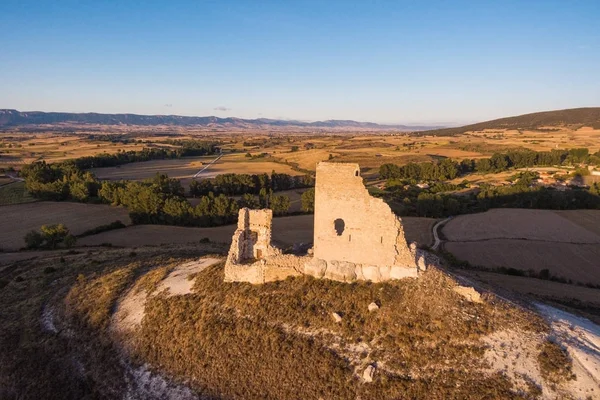 Aerial view of ancient castle ruins in Burgos province, Castile and Leon, Spain.
