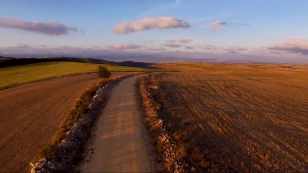 Légi madártávlatból felvételek repülés felett vidéki úton gyönyörű vidéken táj naplementekor. — Stock videók