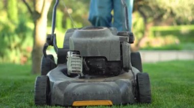 Çim biçme makinesi çimleri kesiyor. Bahçe cilik faaliyeti. 