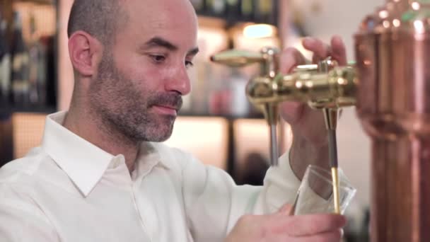 Bier gießen für den Kunden. Barkeeper schenkt Bier ein, während er an der Theke steht. — Stockvideo