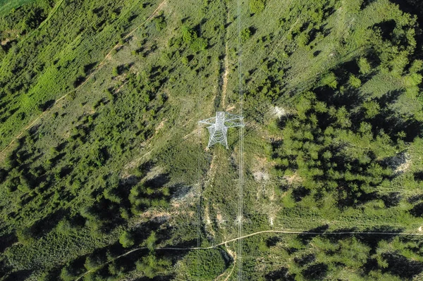 Stroomkabels in het bos. Elektrische toren lijn in het bos Landschap. Ariel view Hoogspanning machtsmasten. — Stockfoto