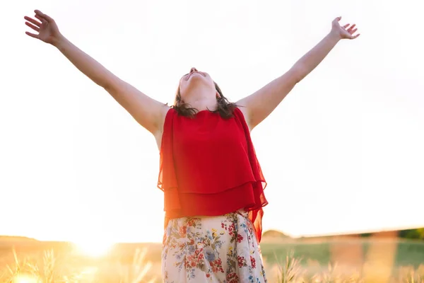 Young woman arms raised up to sky, celebrating freedom. Positive emotions feeling life perception success, peace of mind concept. Free Happy girl in summer meadow enjoying sunset in nature. — Stock Photo, Image