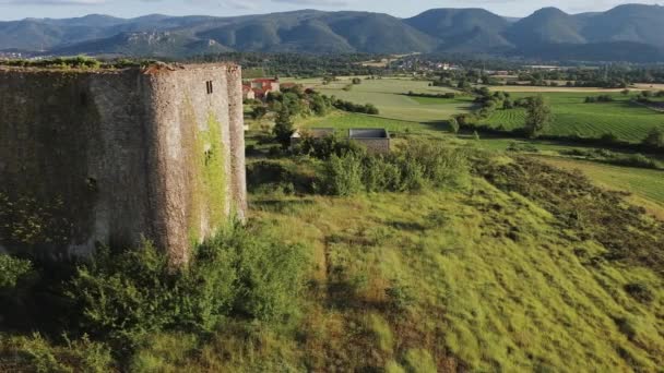 공중에서 본 로마나 마을의 중세 탑, 부르고스 주, 카스티야 이 레온. — 비디오