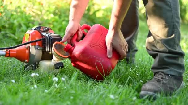 Jardinier débroussailleuse de ravitaillement fermer. Entretien des outils de jardinage. Entretien de pelouse avec pinceaux . — Video