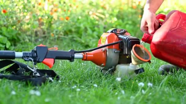 Jardinero repostando cortador de cepillos de cerca. Mantenimiento de herramientas de jardinería. Cuidado del césped con cortadores de cepillo . — Vídeos de Stock