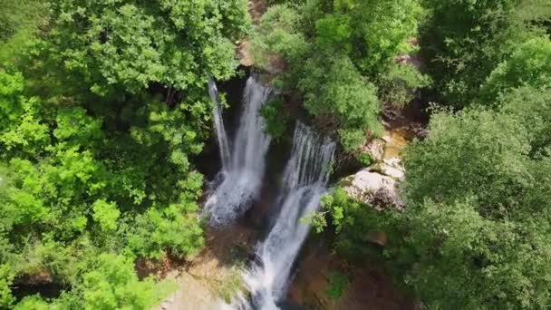 Вид с воздуха на идиллический водопад тропических лесов, ручей, текущий в пышном зеленом лесу . — стоковое видео