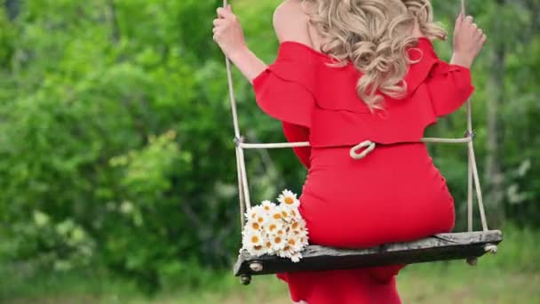 Mujer vestida de rojo balanceándose en columpio, en el verde parque de verano. Chica bonita en vestido rojo, balanceo . — Vídeos de Stock