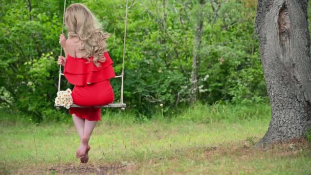 緑の夏の公園で、スイングに揺れる赤いドレスの女性。赤いドレスの可愛い娘よ. — ストック動画