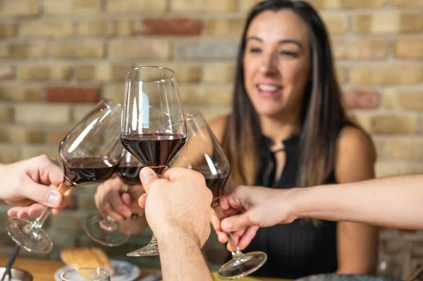 Feiern. Gruppe von Freunden, die Gläser Wein halten und einen Toast anstoßen. — Stockfoto