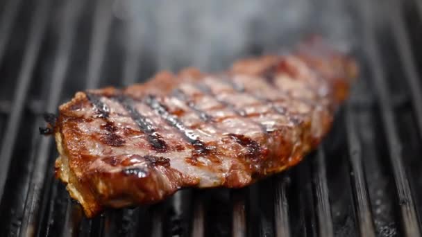 Close up of delicious beef steak on flaming grill. — Stock Video
