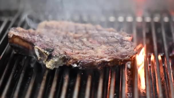 Close up of delicious beef steak on flaming grill. — Stock video