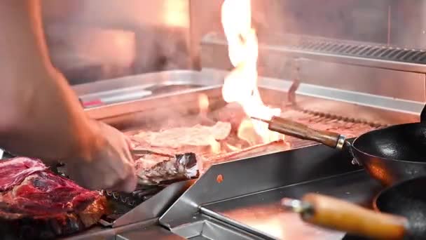 Chef grillning läckra kött biffar i kommersiellt kök. — Stockvideo