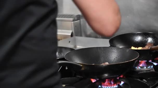 Крупним планом шеф-кухар додає сіль на сковороду  . — стокове відео