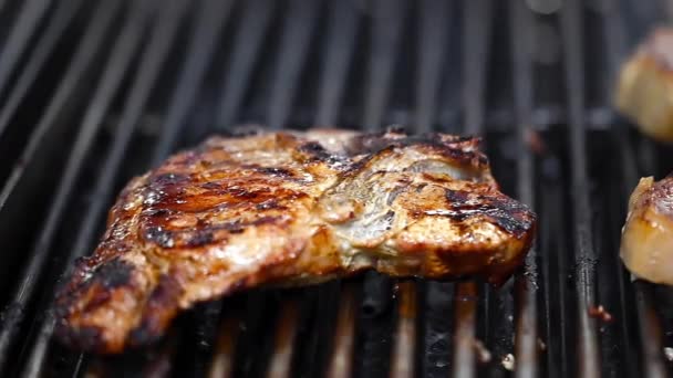 Närbild, dolly skott av läckra kött biffar rostning på en träkol grill. — Stockvideo