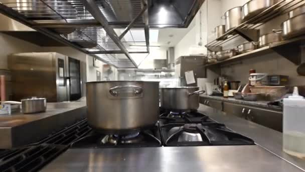 Team af professionelle kokke tilberedning og madlavning mad i et kommercielt køkken. Zoom ud, Dolly skudt kamera bevægelse. – Stock-video