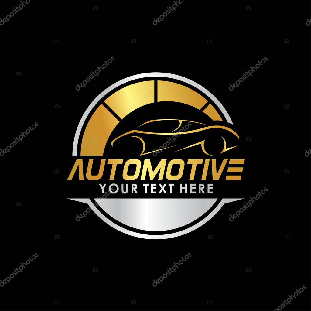 Automotive Logo Template with car illustration in gold and silver color on black background