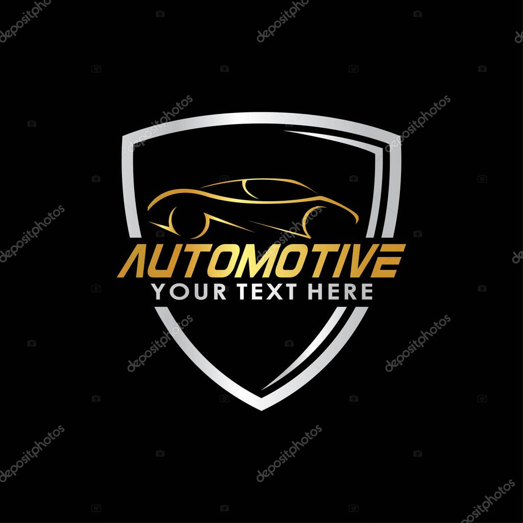 Automotive Logo Template with car illustration in gold silver color on black background