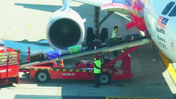 Lavoratori Stanno Caricando Bagagli Cancello Dell Aeroporto — Video Stock