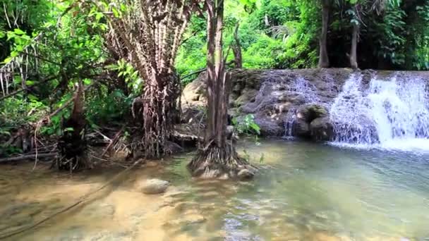 Vattenfall Djupa Skogen Erawan Vattenfall Nationalparken Kanchanaburi Thailand — Stockvideo