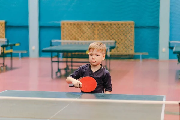 the boy plays table tennis in the tennis hall, tennis tables, tennis racket