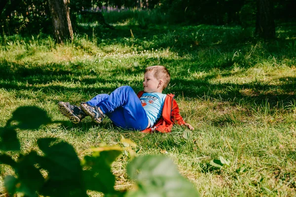 Carino Ragazzo Sdraiato Erba Verde Estate Parco — Foto Stock