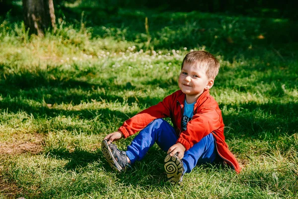 Милый Мальчик Сидит Зеленой Траве Парке Летом Смотрит Камеру — стоковое фото