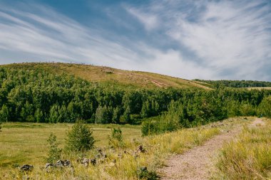 güzel doğal peyzaj, mavi gökyüzü, dağ, orman ve yol. Sakin