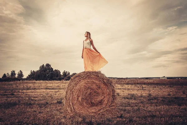 干し草の山 ビンテージ スタイルの近くの長い黄色のスカートで美しい女性 — ストック写真