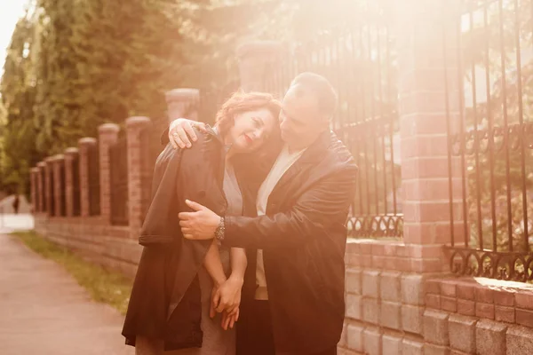 Happy Middle Age Man Woman Hugging Outdoors Sunset Backlight Summer — Stock Photo, Image