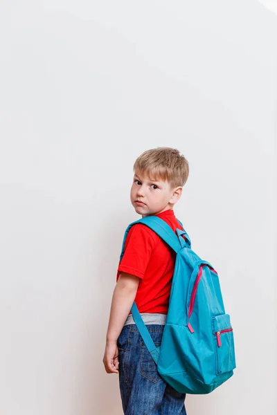 First Grader Red Shirt Backpack Looking Camera White Background — Stock Photo, Image