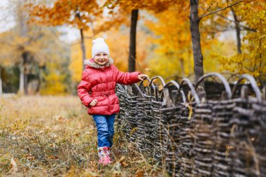 güzel kız pembe ceket çitin duruyor ve kameraya benziyor