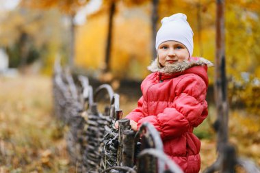 sevimli kız açık havada, sonbaharın sıcak bir ceketi giyen beş yılın sonbahar arka plan bulanık
