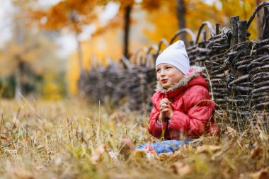 sevimli küçük kız kollarını göğsünde açık havada sonbaharda katlanmış