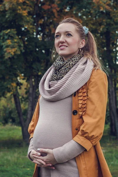 Joven Hermosa Embarazada Cogida Mano Estómago Aire Libre —  Fotos de Stock